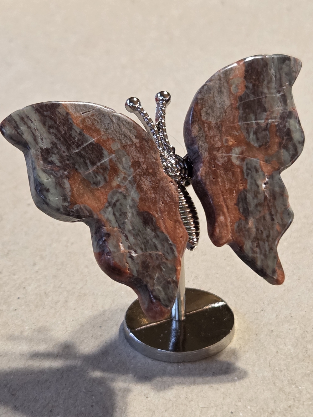 Crazy Lace Agate Crystal Butterfly Wings On Metal Body Stand Decor